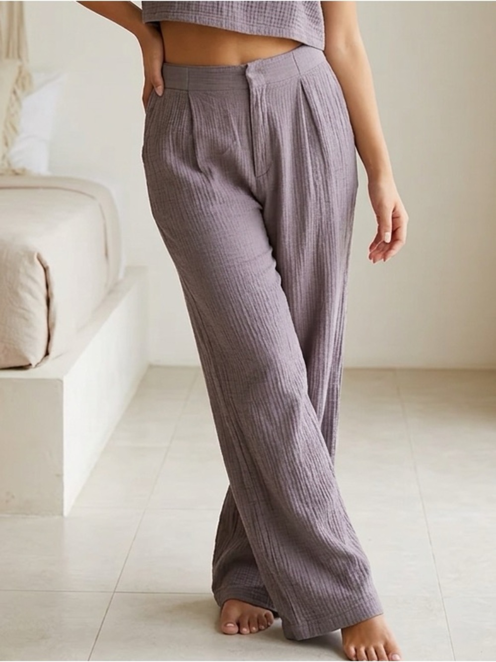 NWT Hello Nite Women Gray Cinched Waist Gauzy Cotton Muslin Casual Pants - XL
